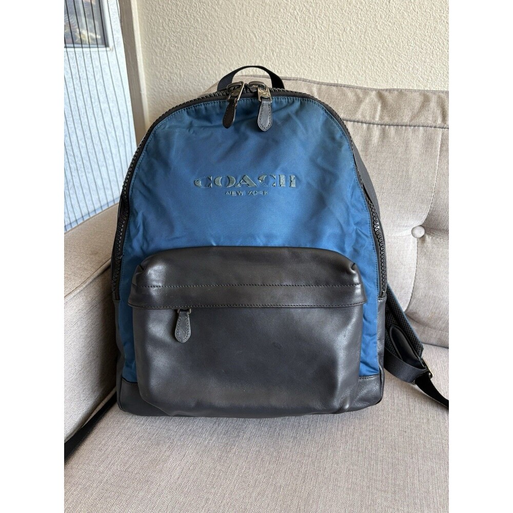 Coach Charles LARGE F59321 Compartment Leather/Nylon Blue and Black Backpack